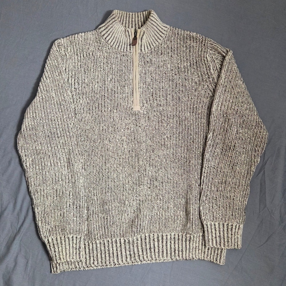 G.H. Bass & Co. Men's Large Ribbed Knit Quarter Zip Sweater Marl Cream Gray